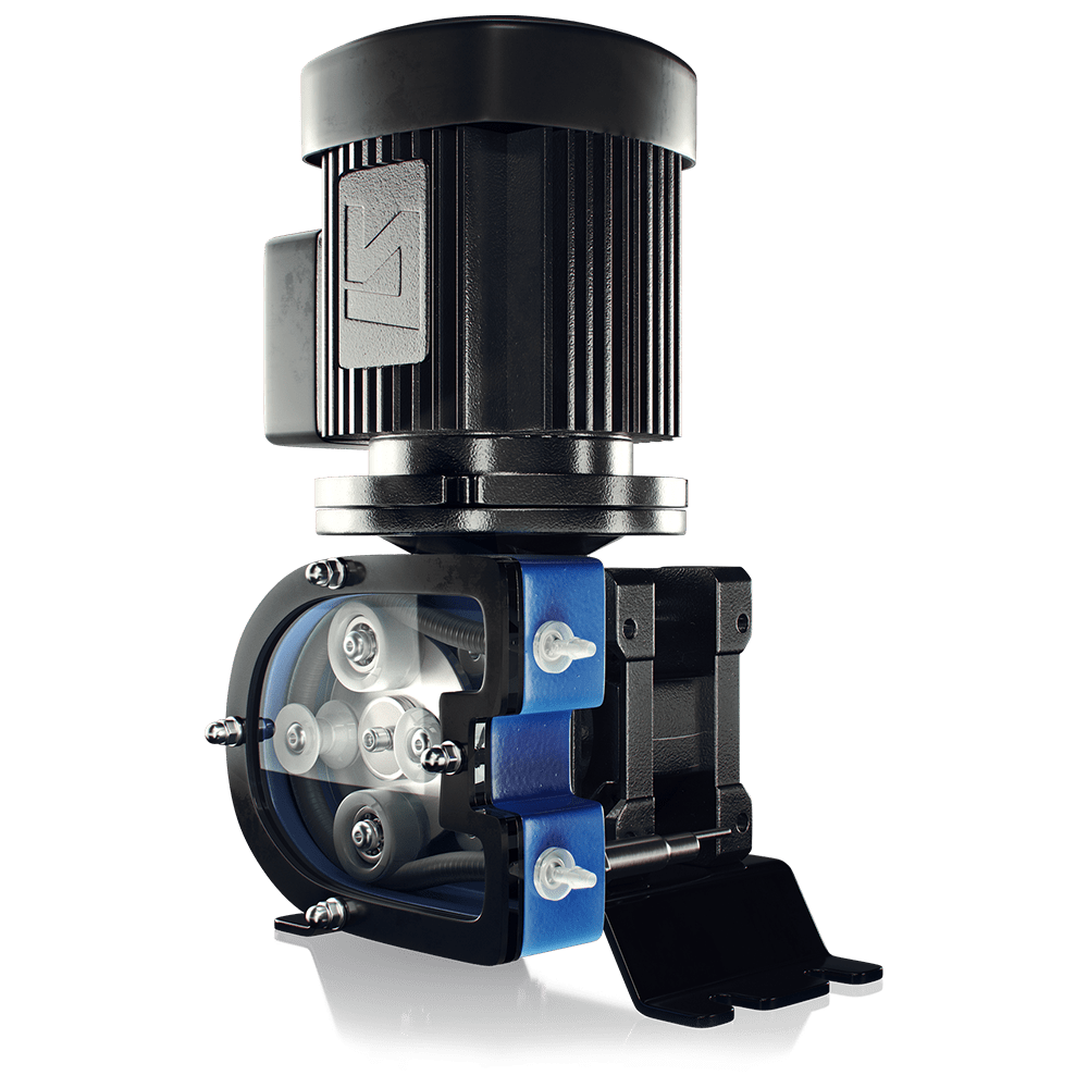 Bomba peristáltica compacta azul y negra con motor eléctrico