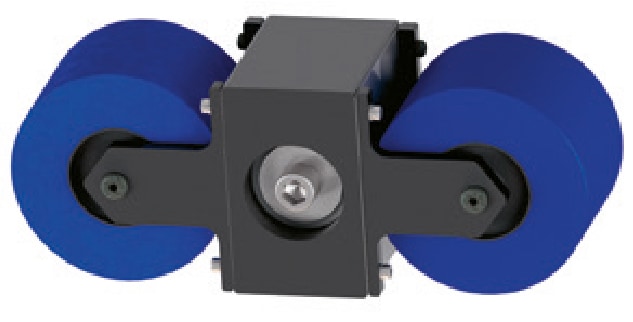 Conjunto de dos rodillos azules con soporte central negro para bomba peristáltica industrial
