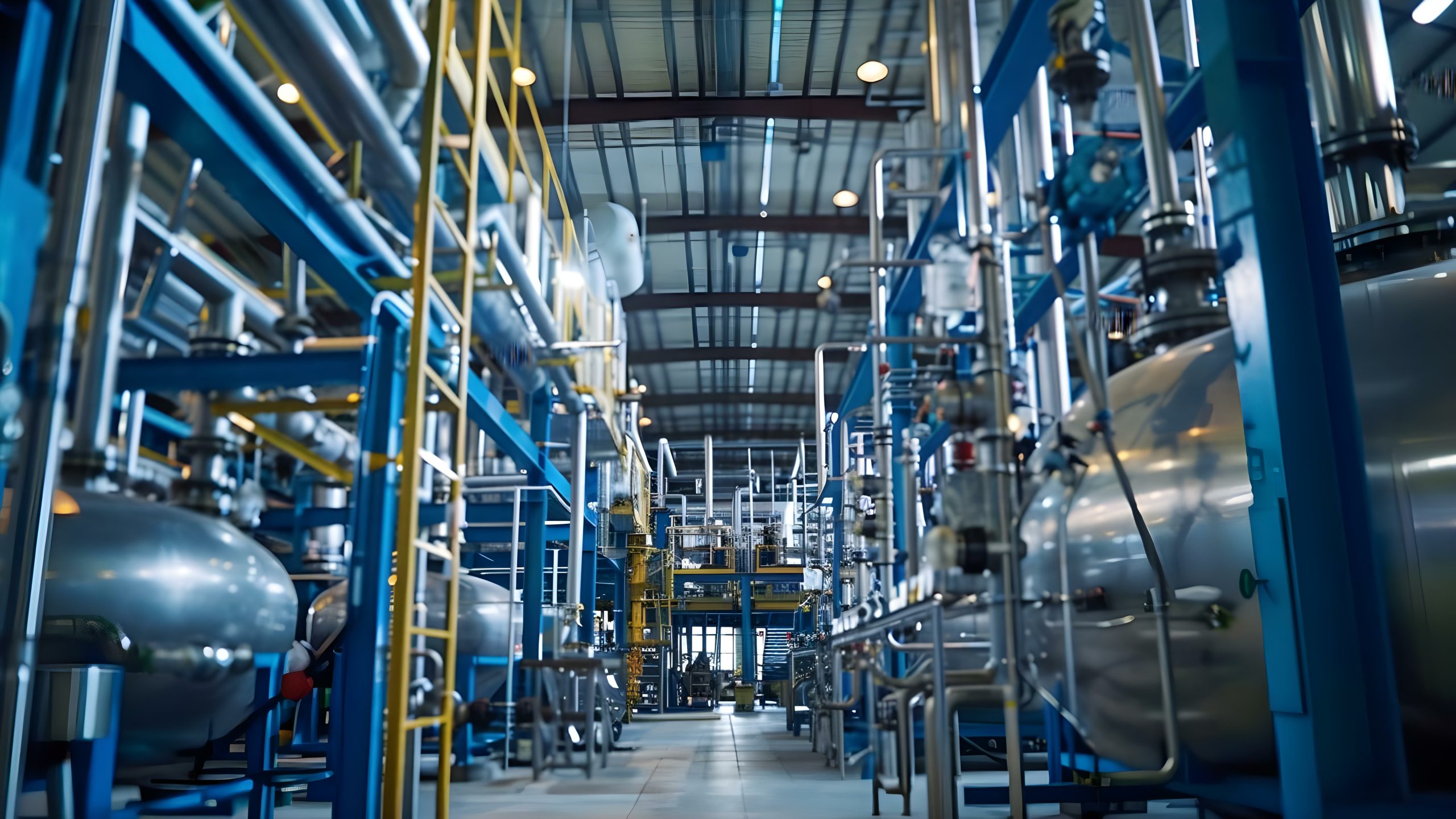 Interior de planta industrial con maquinaria, tuberías y tanques de acero inoxidable